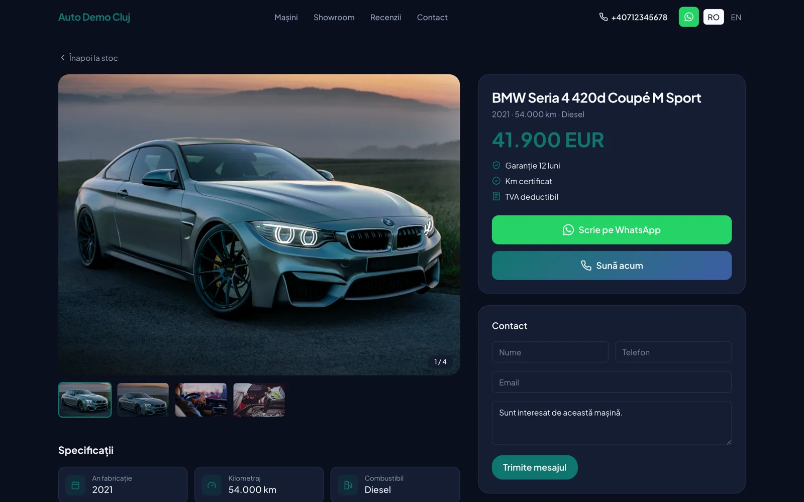 Pagina publică a unei mașini, cu galerie foto, preț, badge-uri de încredere și formular de contact