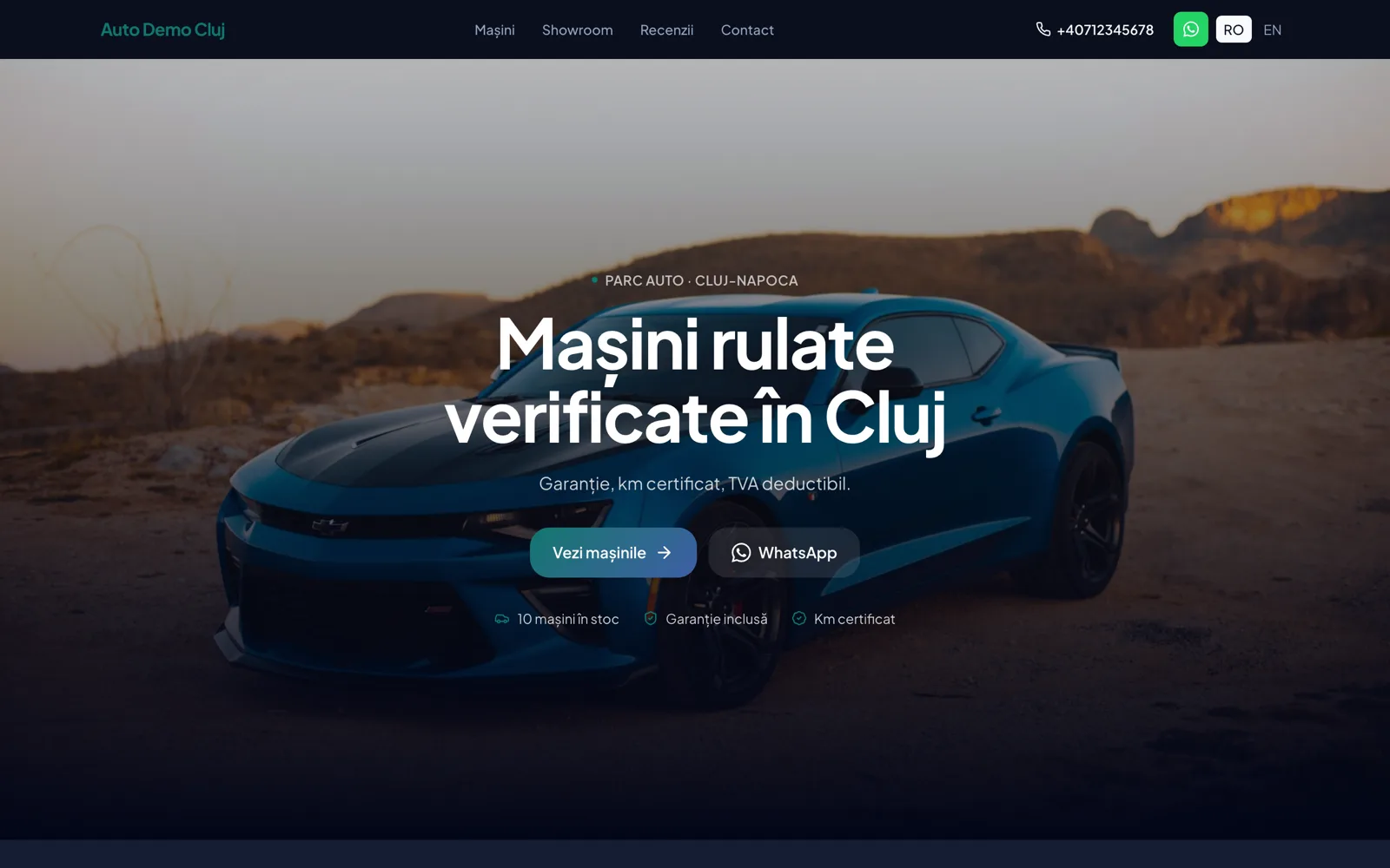 Pagina principală a unui site de parc auto creat cu Parcly